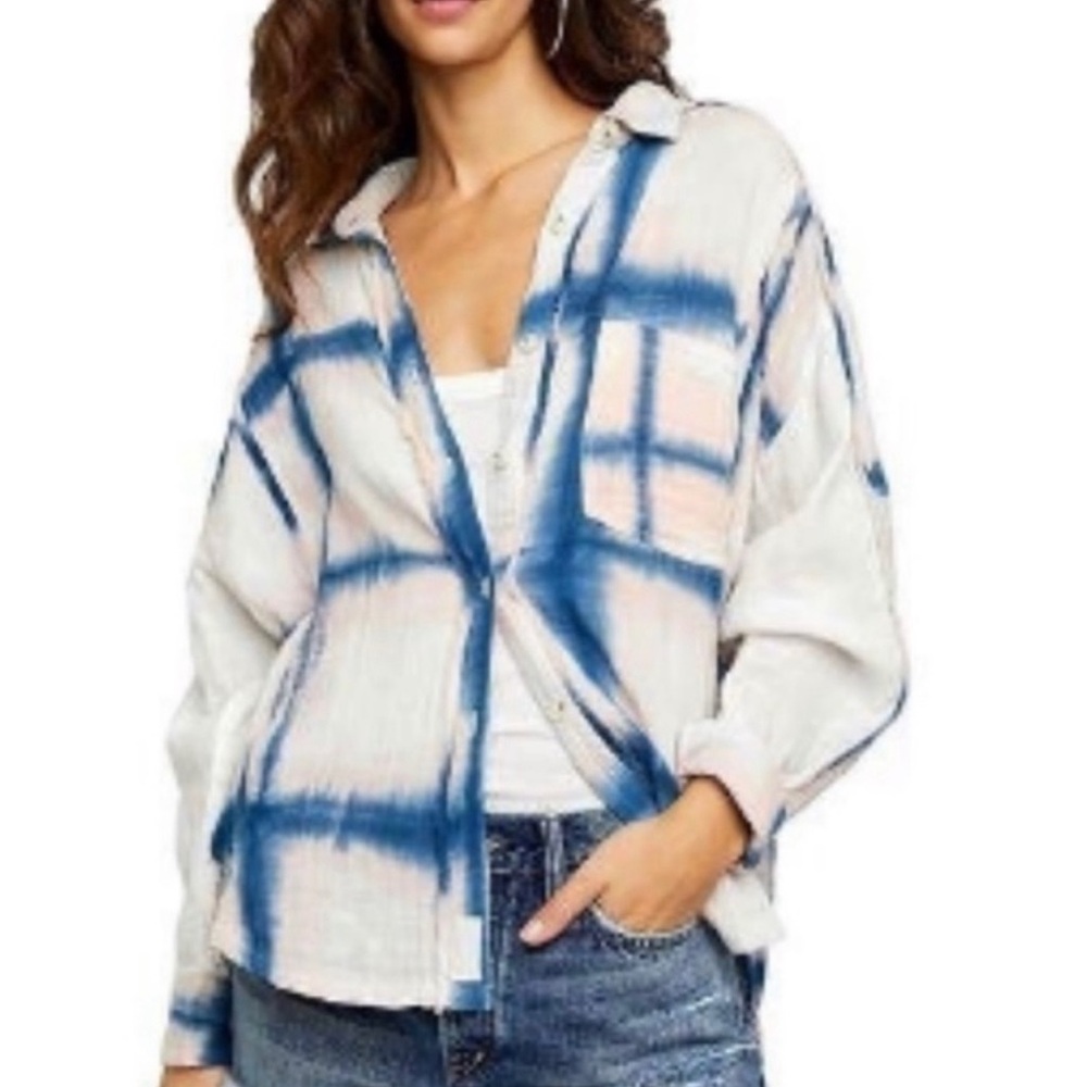 We The Free White Blue Pink Plaid Tie Dye Button Up Shirt Oversize Casual Spring